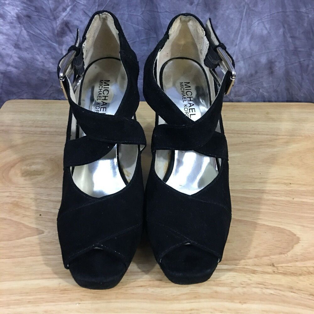 Michael Kors Size 8M Black Suede Peep Toe Platform Heels
